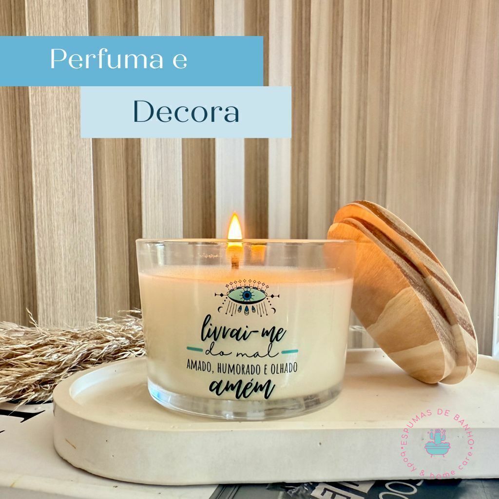 Vela perfumada frase olho grego  -  100g COM TAMPA DE MADEIRA - ARTESANAL VEGANA