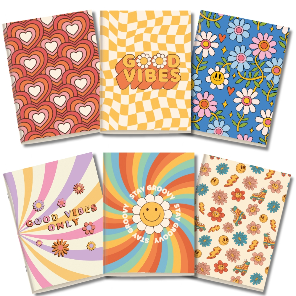 Kit 6x Cadernetas Retrô Groovy Capa Flexível 40 Pág Pólen A5 em Oferta na Shopee