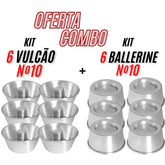 Jogo 6 formas Vulcão Nº10 + 6 formas Ballerine Nº10 Para Confeitaria Mini Bolos Individuais Assadeira