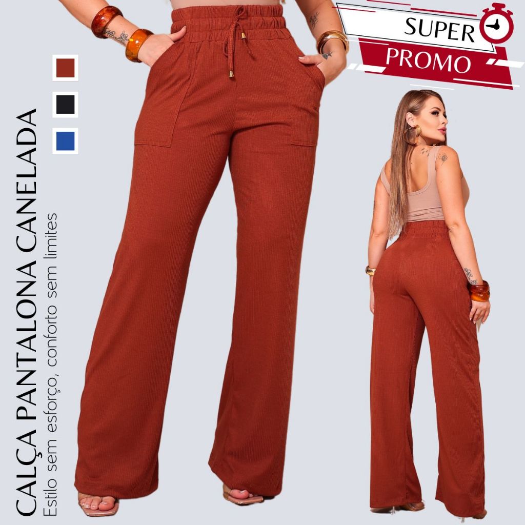 Calça Pantalona Feminina Canelado Premium Wide Leg Cintura Alta Cordão Bolso Premium