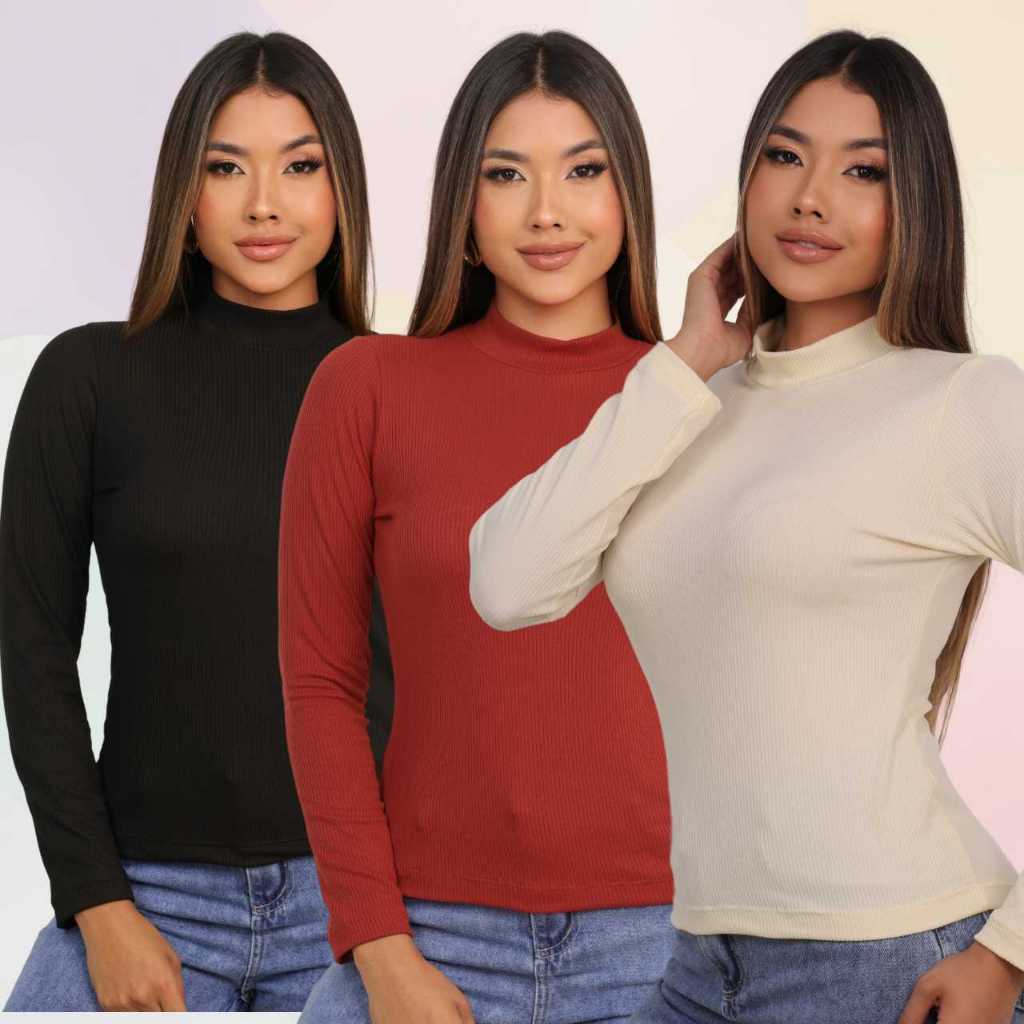 Kit 3 Blusas Canelada Gola Alta Manga Longa Comprida Confortável Básica Cacharrel Segunda Pele Com Elastano