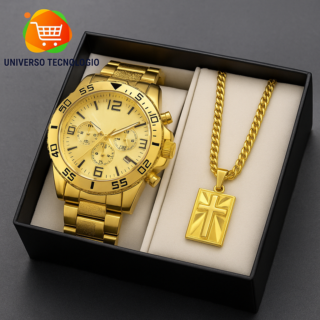 Kit Relógio Masculino Original + Corrente Cruz Banhado a Ouro 18k + Pulseira Luxo