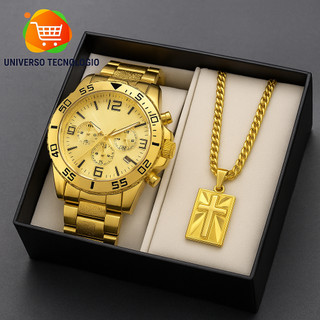 Kit Relógio Masculino Original + Corrente Cruz Banhado a Ouro 18k + Pulseira Luxo