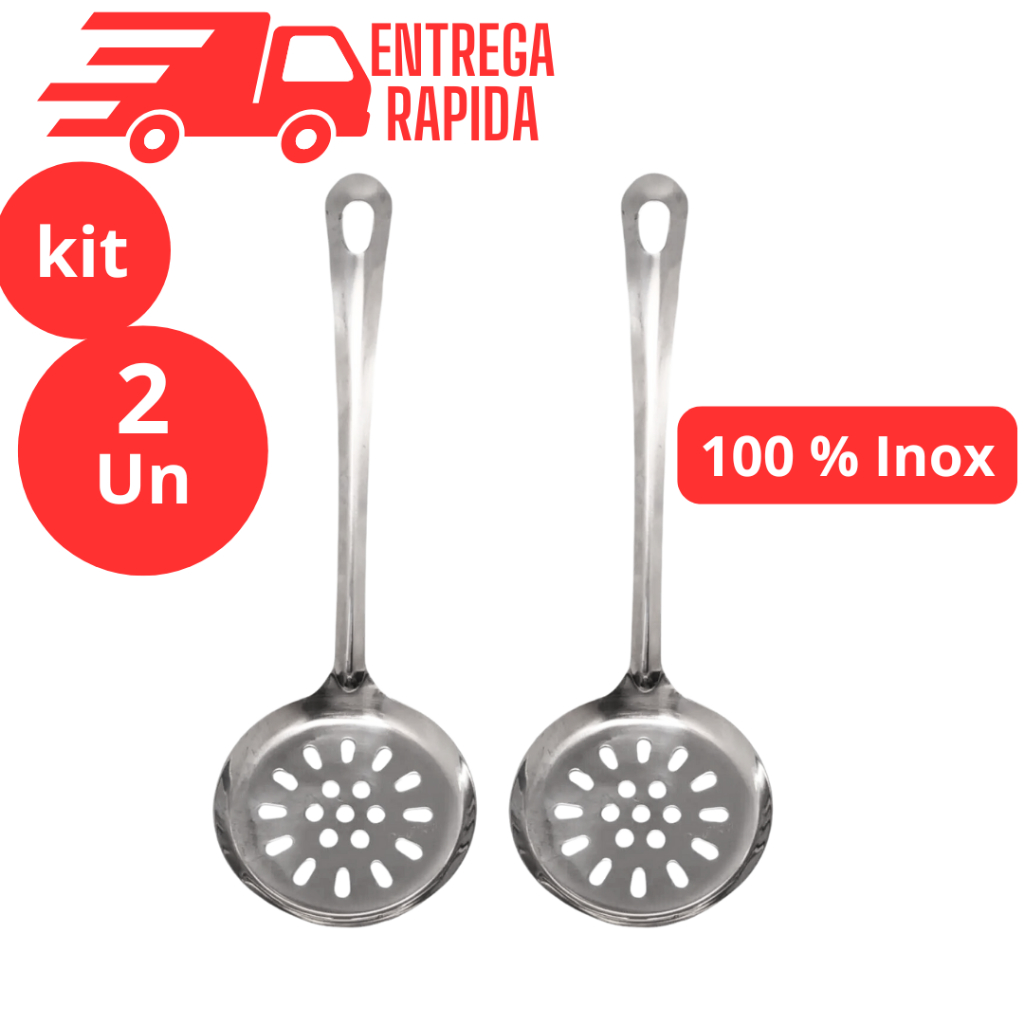 KIT 2 Escumadeira Utensílio de Cozinha em Aço Inox Servir Feijão Sopas e Caldos Espumadeira