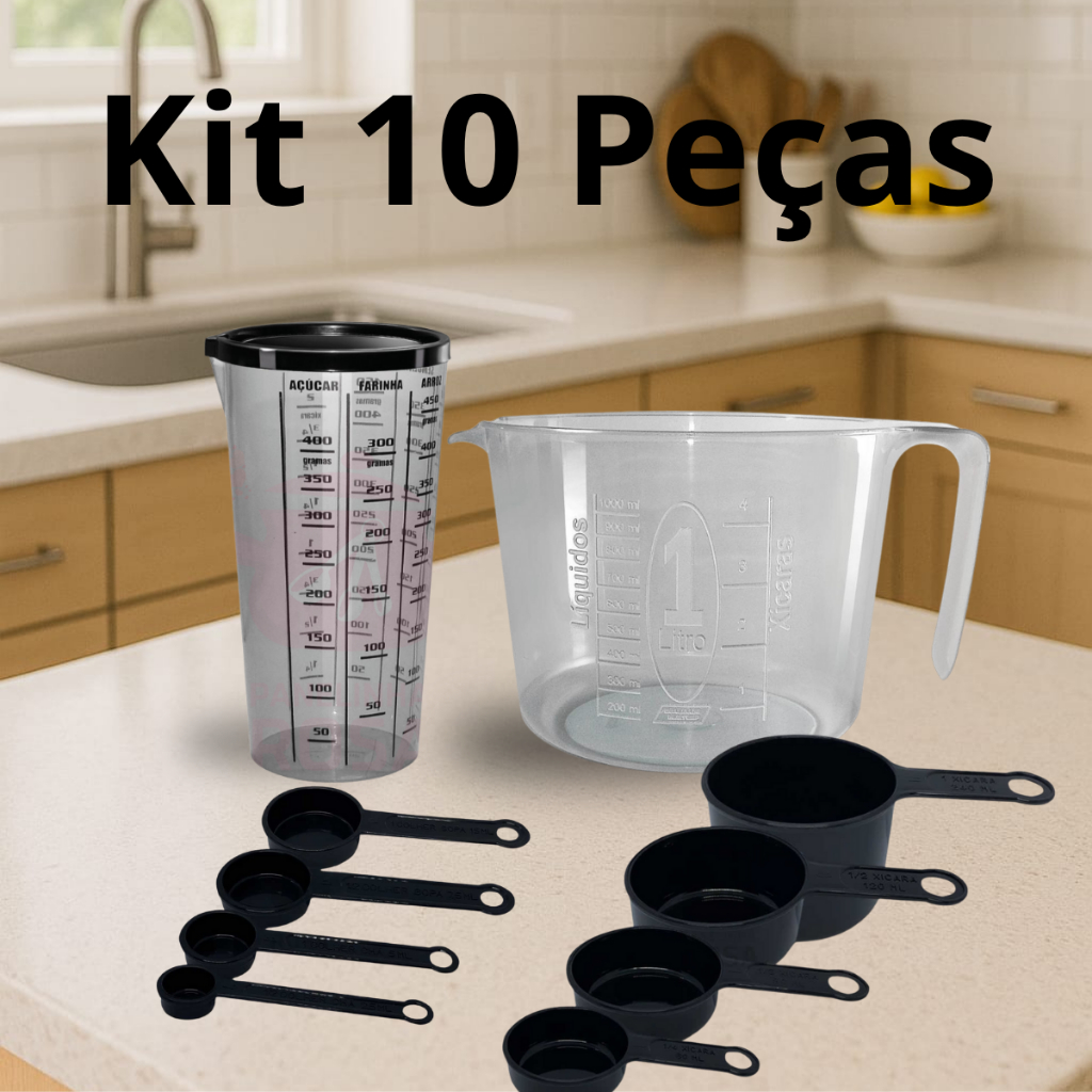 Kit Medidores Cozinha 10 Peças Fume: Jarra 1L + Xícaras e Colheres Dosadoras + Copo Medida...