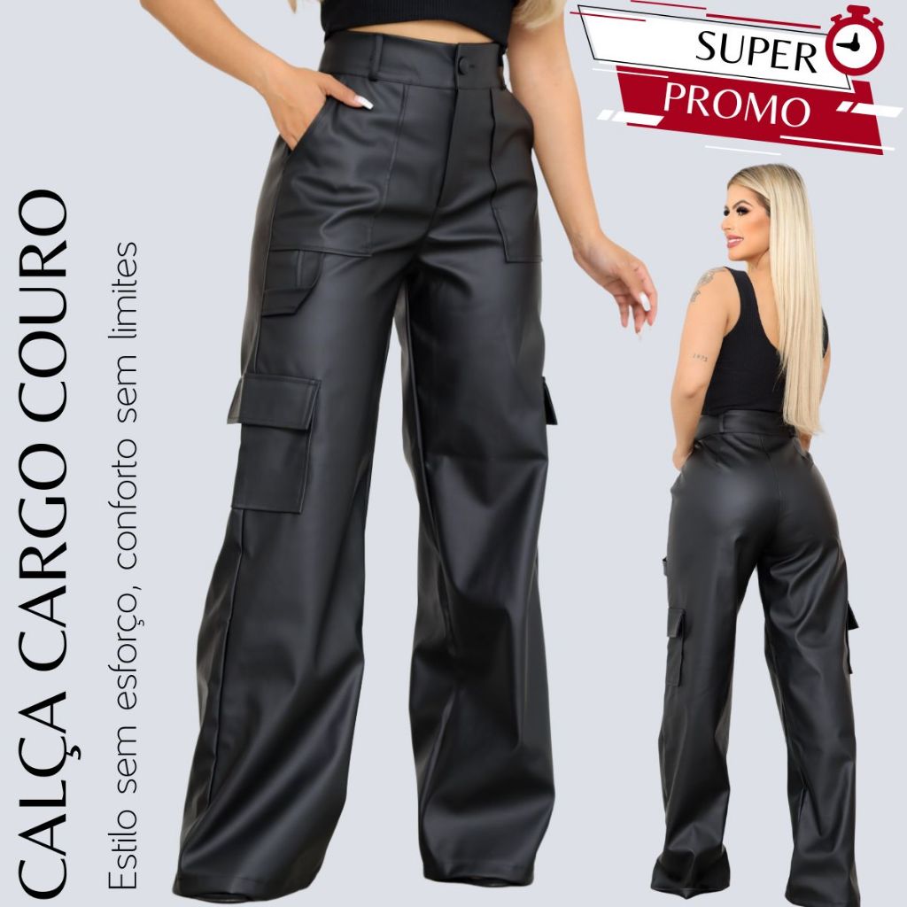 Calça Pantalona Wide Leg Reta Cargo Couro Fake Cintura Alta Moda Gringa Bolso Lateral