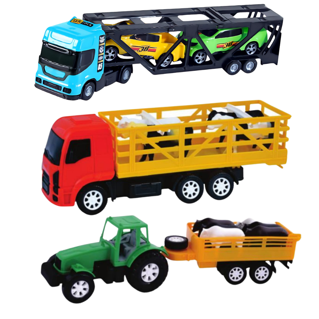 Kit Brinquedo Menino Caminhão Cegonha Trator 3 Bois Animais Caminhão Com Boi Brinquedo De Menino  Brinquedo Infantil