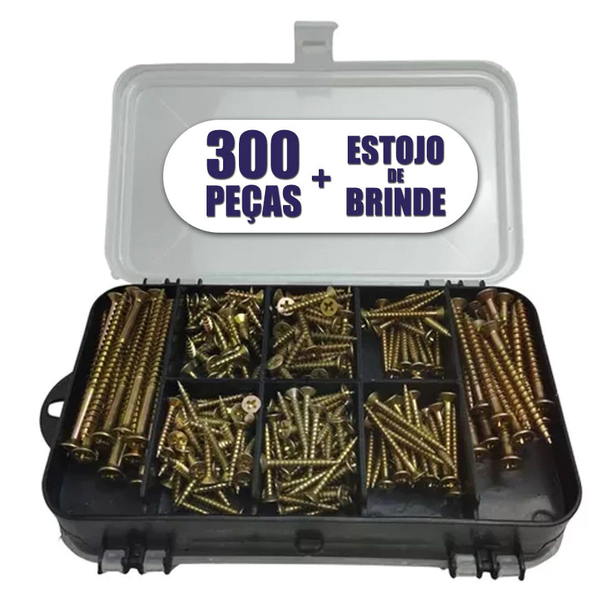 Kit Combo 300 pçs - Parafusos Chipboard Philips + Buchas + Brinde - Maleta Cx estojo organizador
