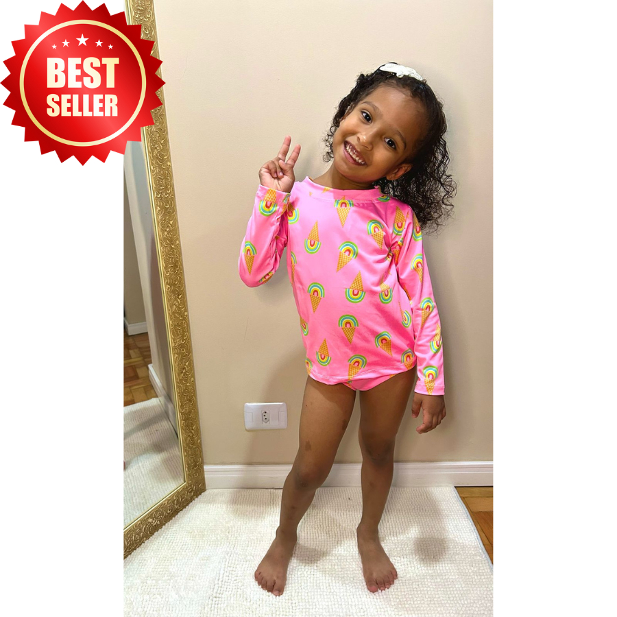 Biquini Infantil Conjunto Blusa Manga Longa Proteção UV / Conjunto Praia Menina Verão 2025