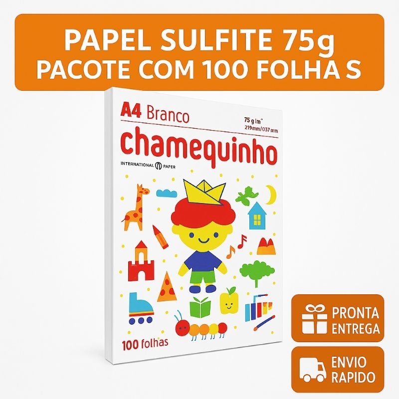 Papel Sulfite A4 75g Chamequinho - 100 Folhas - Branco - Escritório - Escola - Impressão e Escrita
