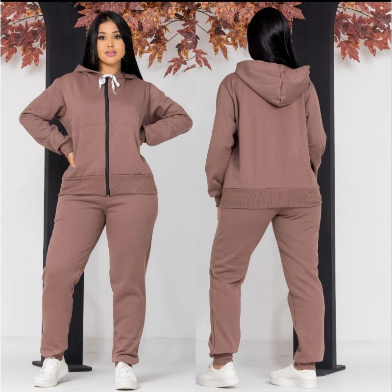 Conjunto Moleton feminino calça jogger e blusa casaco com capuz flanelado inverno frio com bolso
