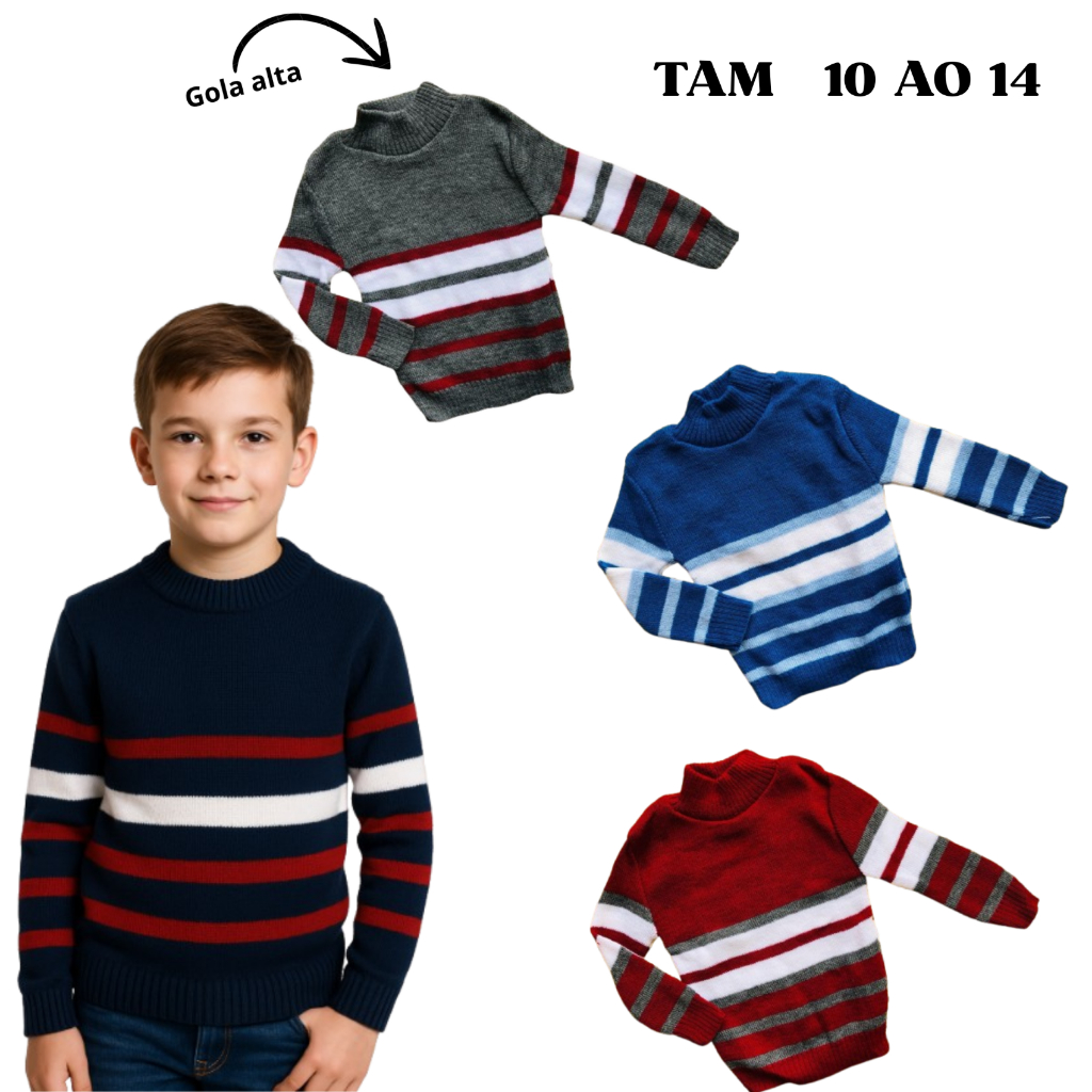 BLUSA DE LÃ MENINO INFANTIL GOLA ALTA CACHARREL SUETER CARDIGAN FRIO INVERNO NOVIDADE MODA LANÇAMENTO ESTILO DO 10 AO 14