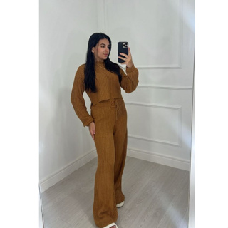 Conjunto Mousse Trico Feminino Malha Canelada Calça Wide Leg e Blusa Cropped Trico em Oferta na Shopee