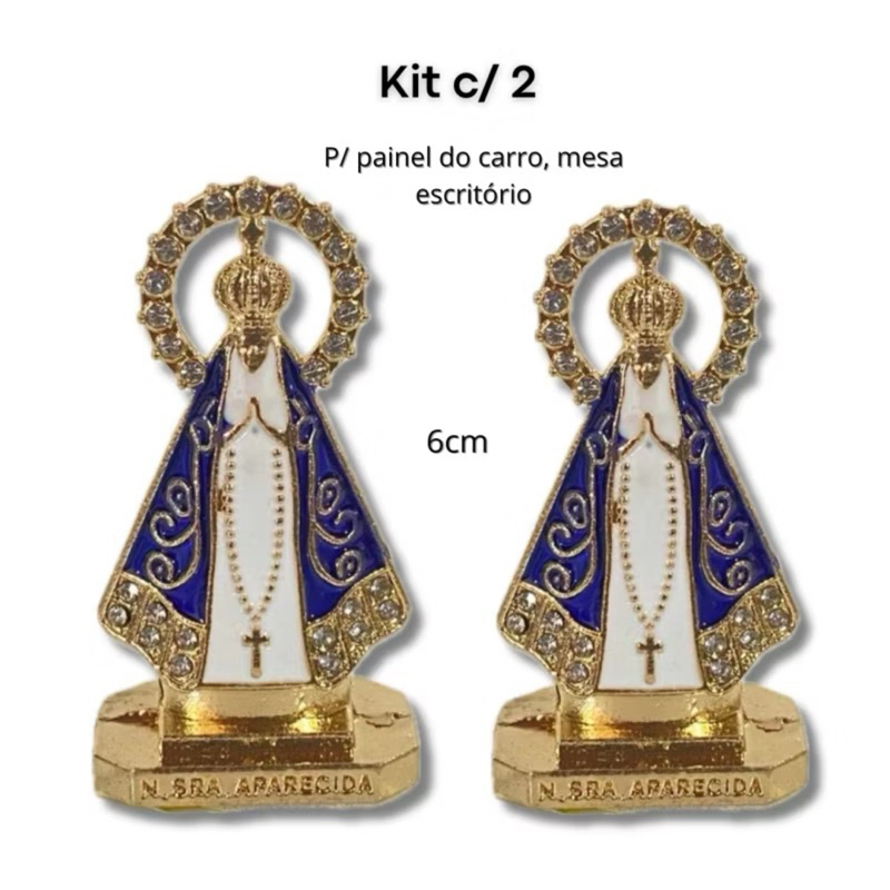Kit 2 Imagens Nossa Senhora Aparecida Metal com Resplendor P/ Carro, Mesa, Escritório