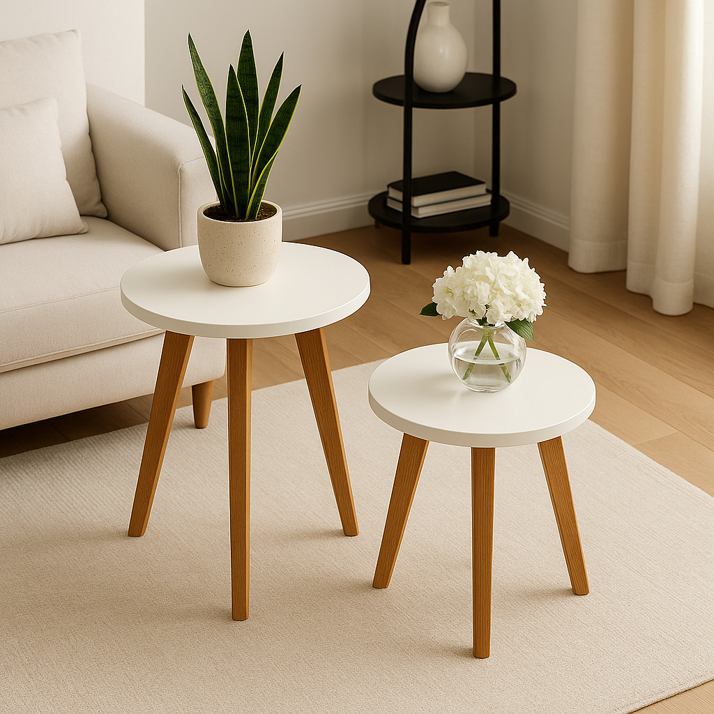 Kit de Duas e Tres Mesas de Apoio Redonda Mesa Lateral de MDF Pés Palito Madeira Mesinha Tripe Laterais Para Decorar em Oferta na Shopee