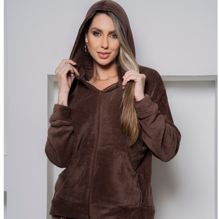 Casaco Feminino Inverno Veludo Molhado Pelinhos Felpulda Capuz e Ziper Moda 2025 - SM em Oferta na Shopee