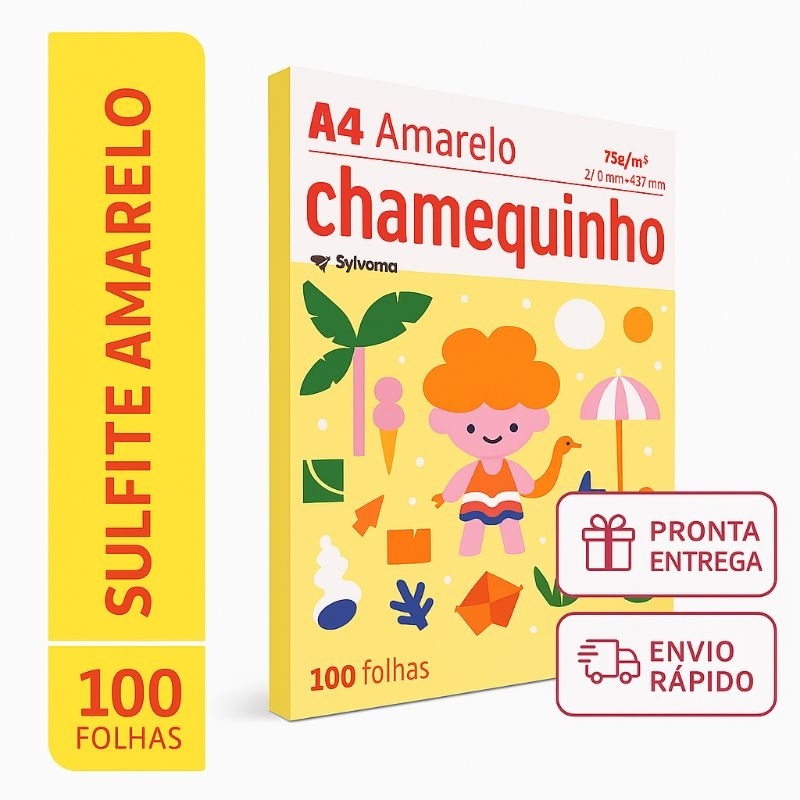 Papel Sulfite A4 75g Amarelo Chamequinho - 100 Folhas - Escola - Artesanato - Papelaria Criativa