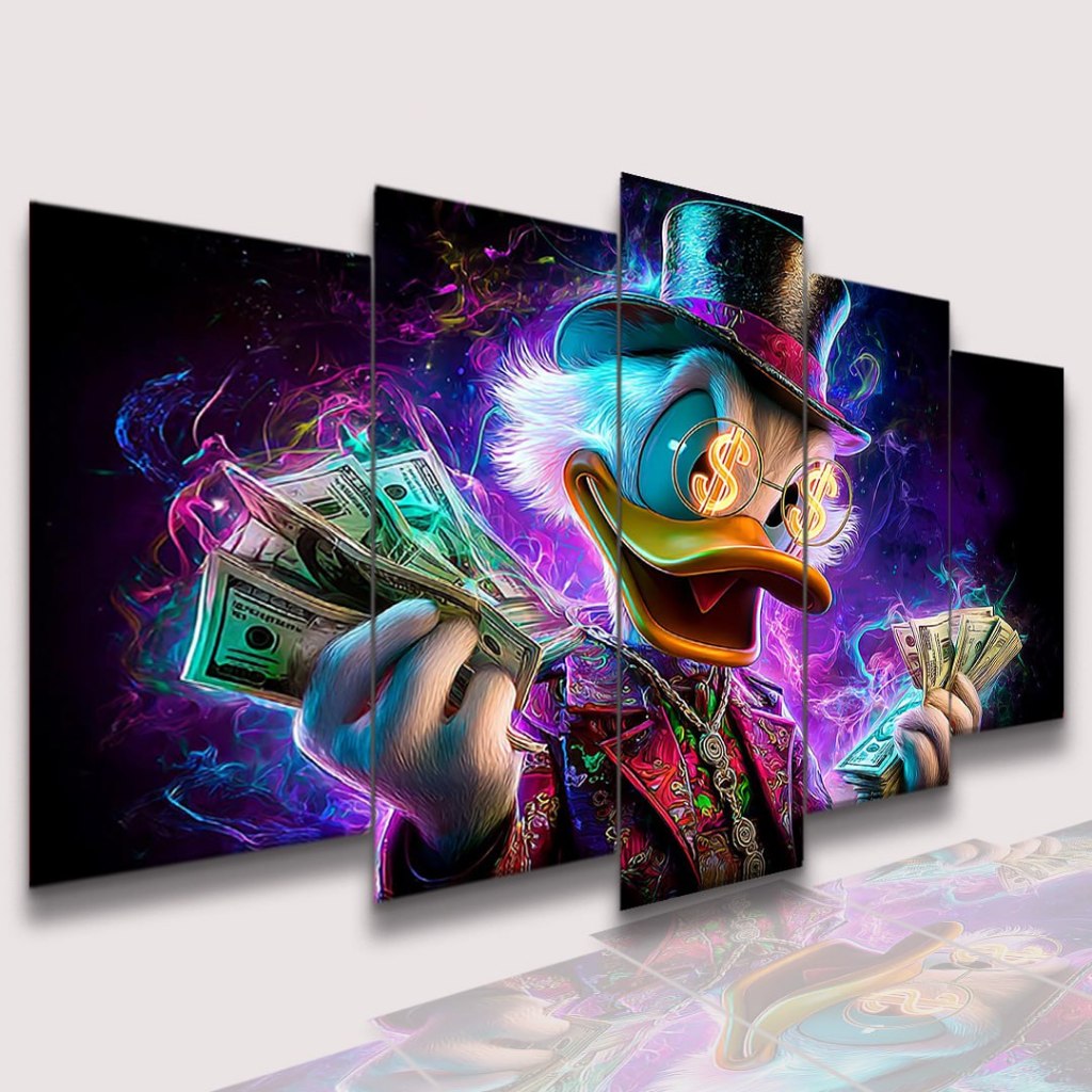 Quadros Decorativos Patinho Tio Milionário Dinheiro Dólar Anime Money Motivação Bitcoin Criptomoeda