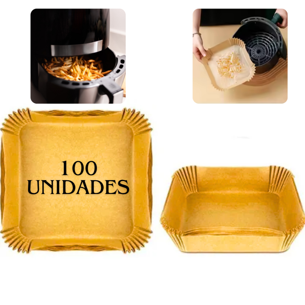 Kit 100 Forma de Airfryer Descartavel Antiaderente de Papel Cozinha Quadrado Fritadeira Cozimento