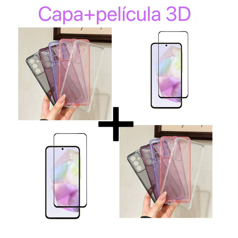 Kit capa capinha transparente com brilho Proteger de Câmera+película 3D para Samsung A06 A14 A15 A16 A35 A36 A54 A55 A56