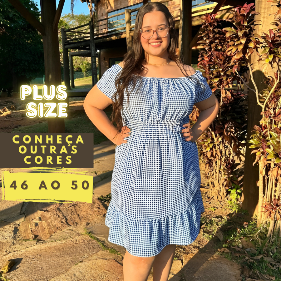 Vestido Curto Plus Size Feminino Xadrez Tendência Festa Ombro à Ombro Ciganinha Elegante Plu