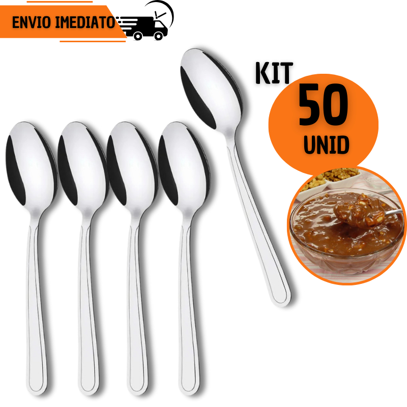 Kit 50 Colheres Sobremesa Inox Luxo Doce Ovo de Colher Cafeteria Pizzaria Confeitaria