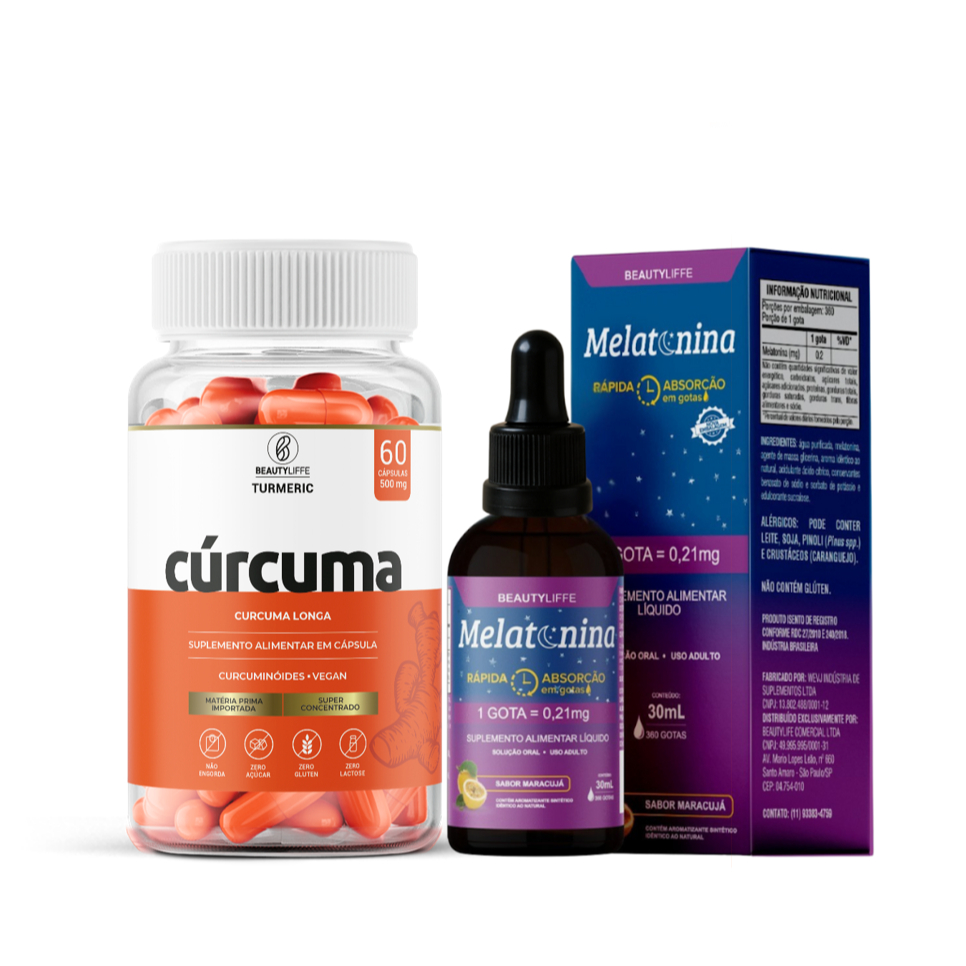 Kit CURCUMA 60 Caps 500mg + Melatonina 30ml Beauty Liffe SUPER CONCENTRADO - MATERIA PRIMA IMPORTADA