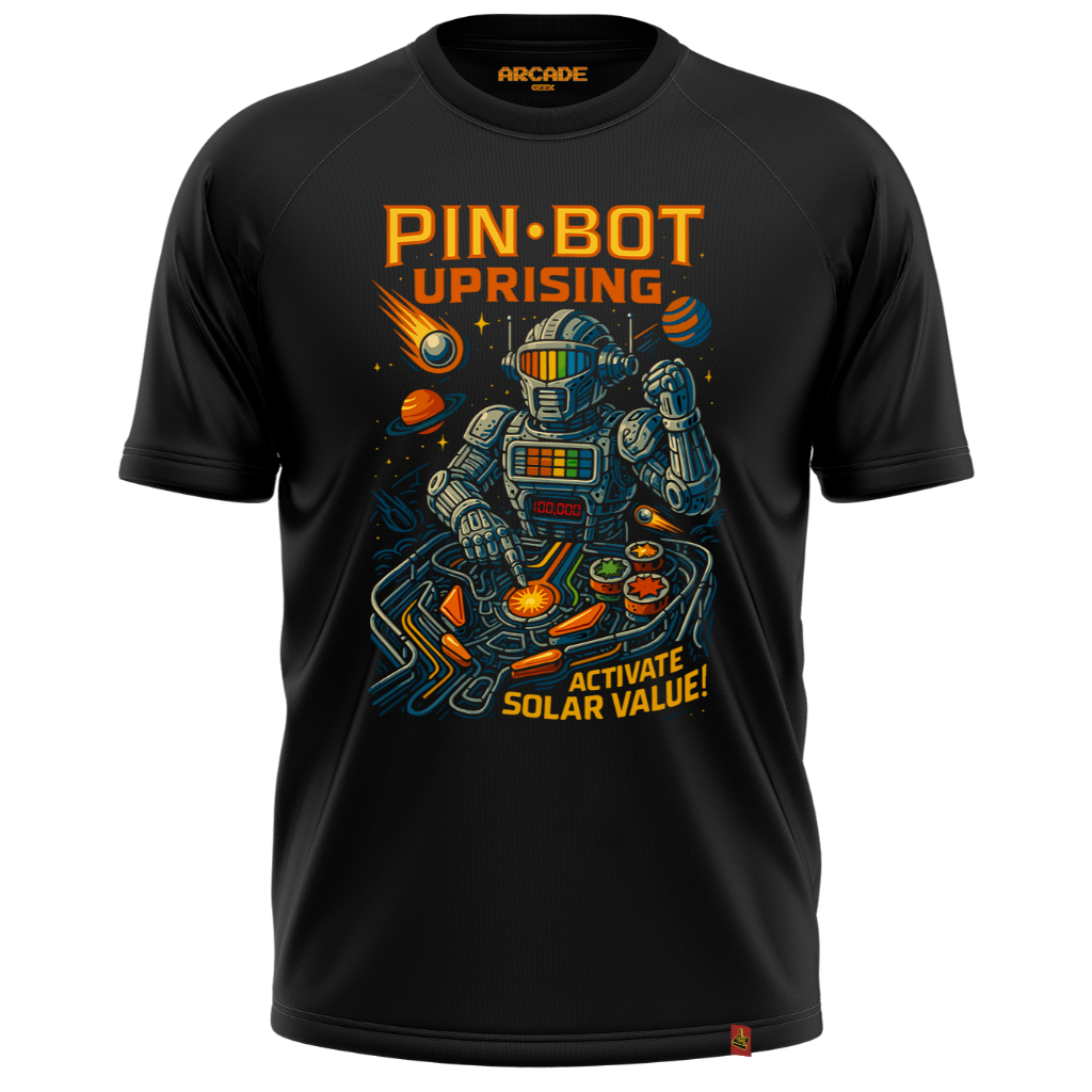 CAMISETA ARCADE GEEK GAMER PINBALL BOT UPRISING ACTIVATE SOLAR VALUE RETRO NERD FLIPERAMA