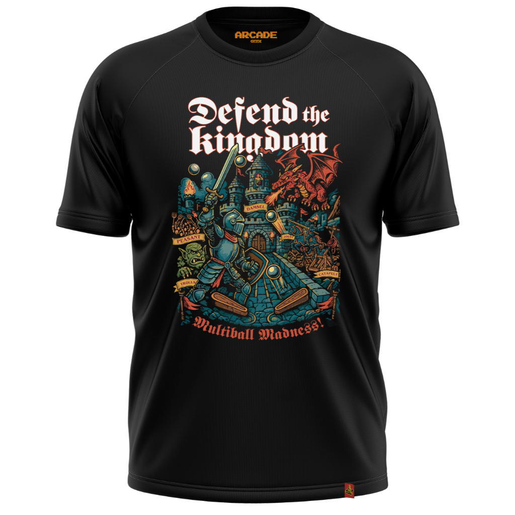 Camiseta ARCADE GEEK GAMER PINBALL DEFEND THE KINGDOM MEDIEVAL MULTIBALL MADNESS