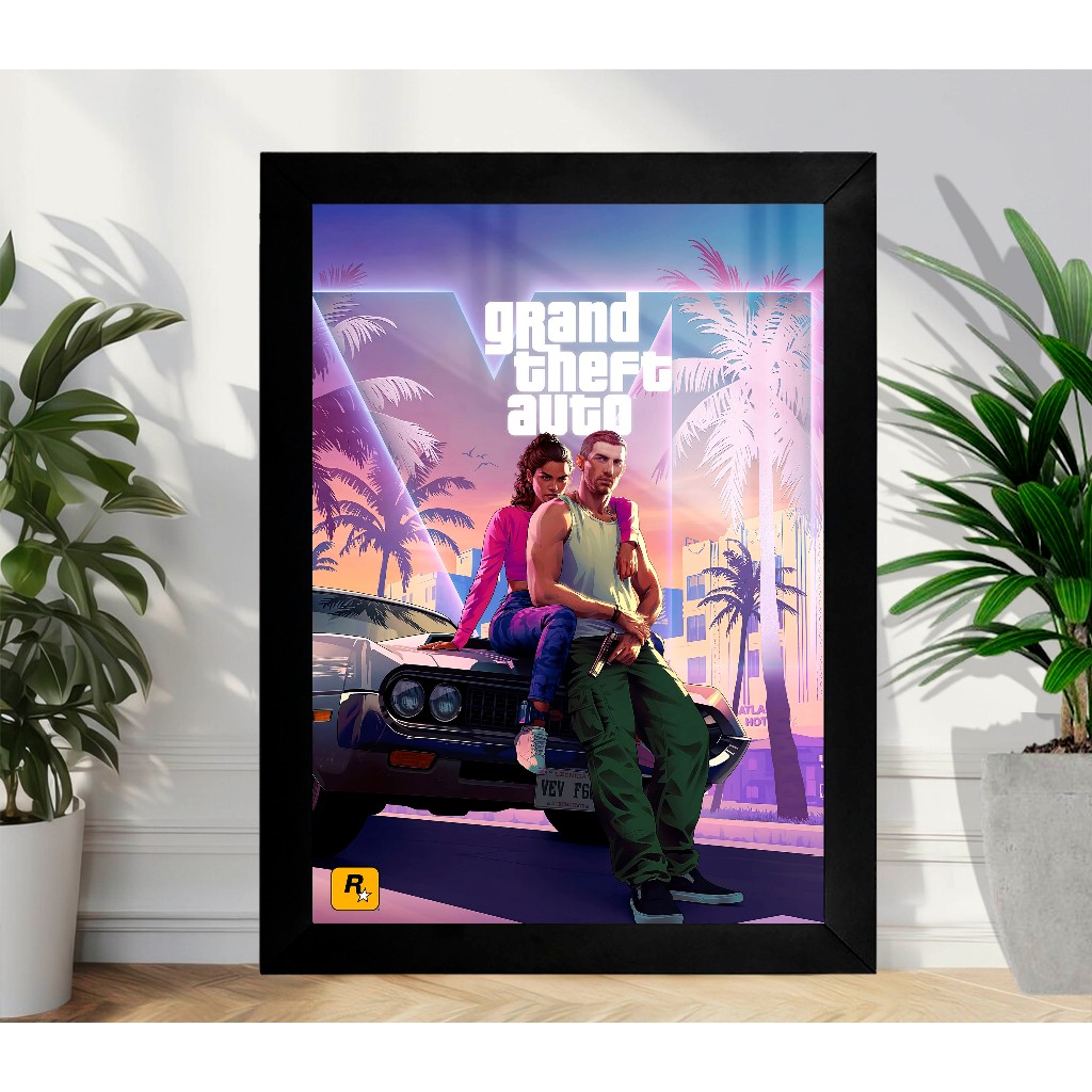 Quadro GTA VI Grand Theft Auto VI A3 - com Acrílico Na Frente (Tamanho 45.5 X 33 Cm) Quadro Decorativo Gamer