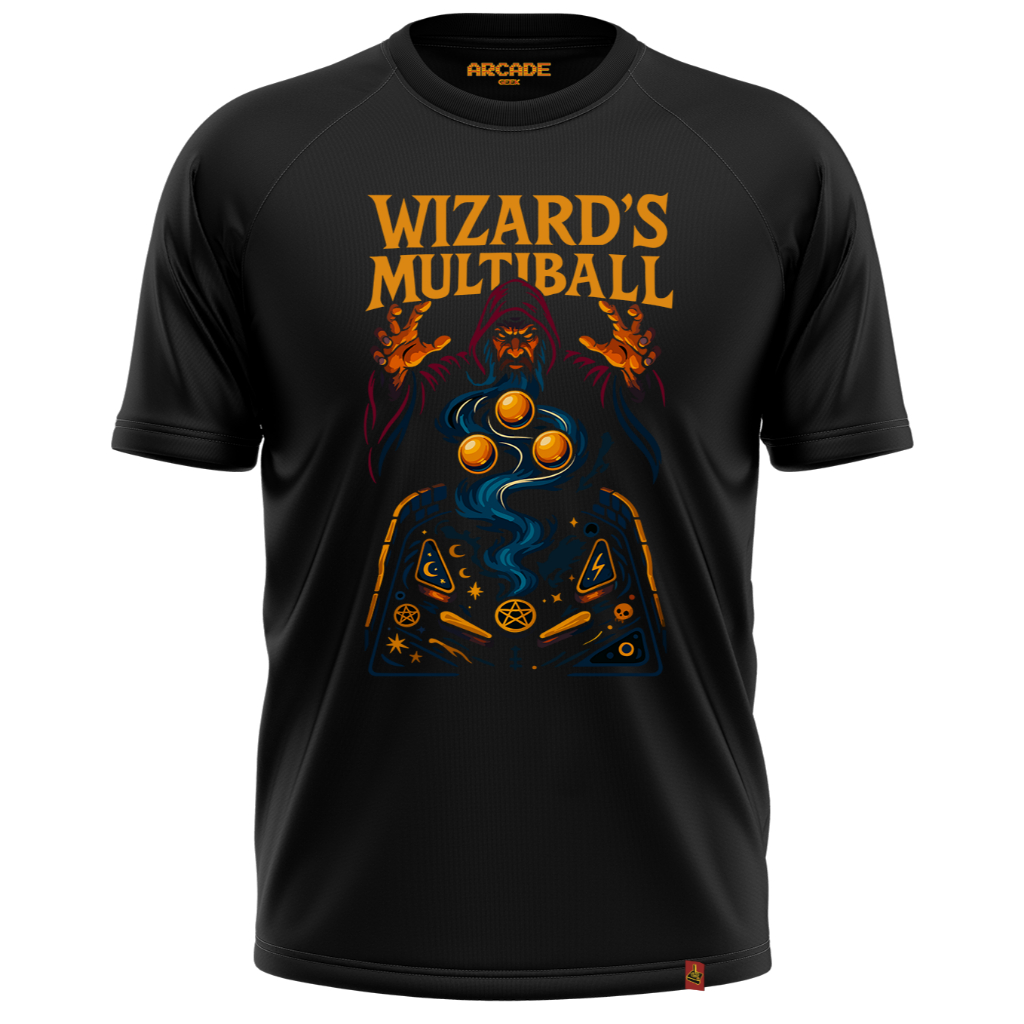 CAMISETA ARCADE GEEK GAMER PINBALL WIZARD MULTIBALL SORCERER NOSTALGIA NERD FLIPERAMA