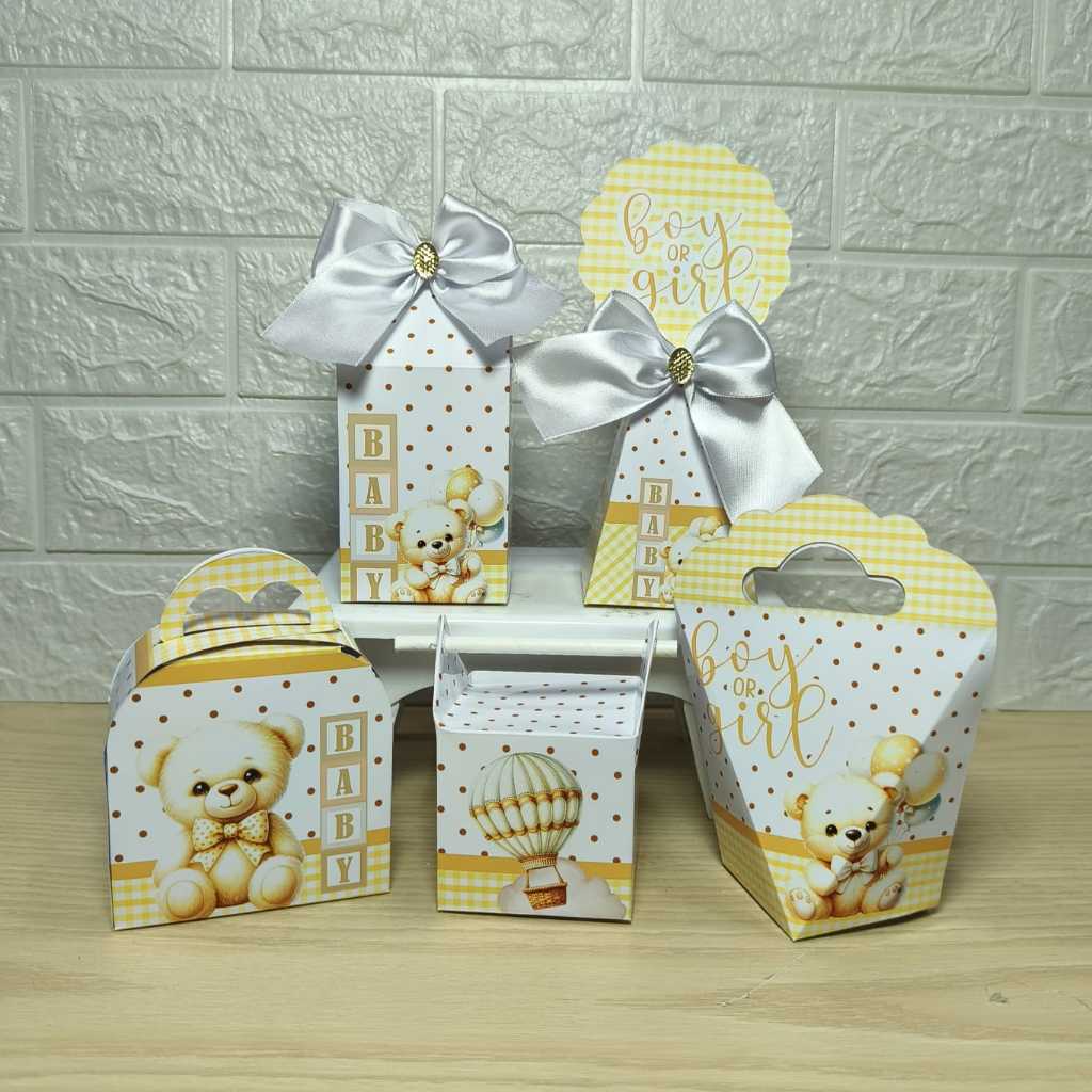 Kit Personalizados caixinhas CHÁ REVELAÇÃO URSINHO BEGE NEUTRO Lembrancinha aniversário-Festa PEGUE E MONTE