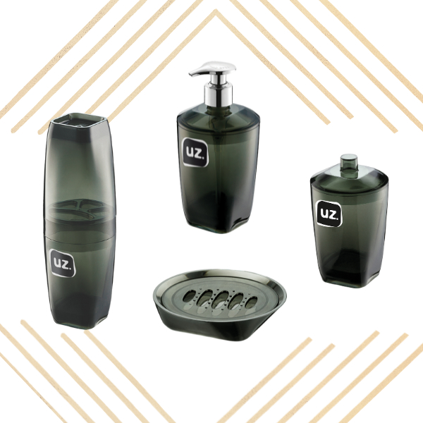 Kit Banheiro UZ Utilidades – Porta Escova + Porta Algodão + Porta Sabonete Líquido + Saboneteira Premium
