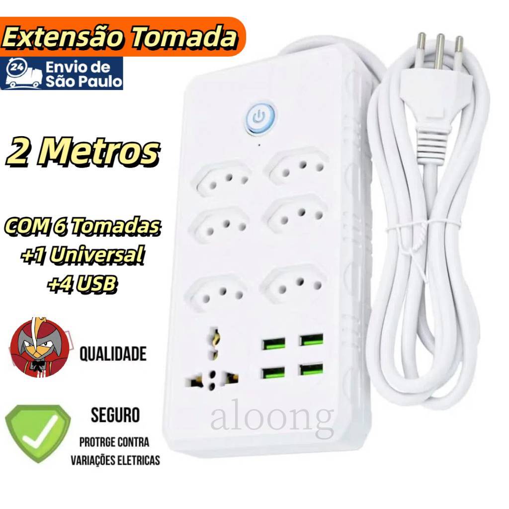 Régua Filtro de Linha com 6 Tomadas Extensão Elétrica 1 Universal 4 USB Bivolt 10A 110v/22...