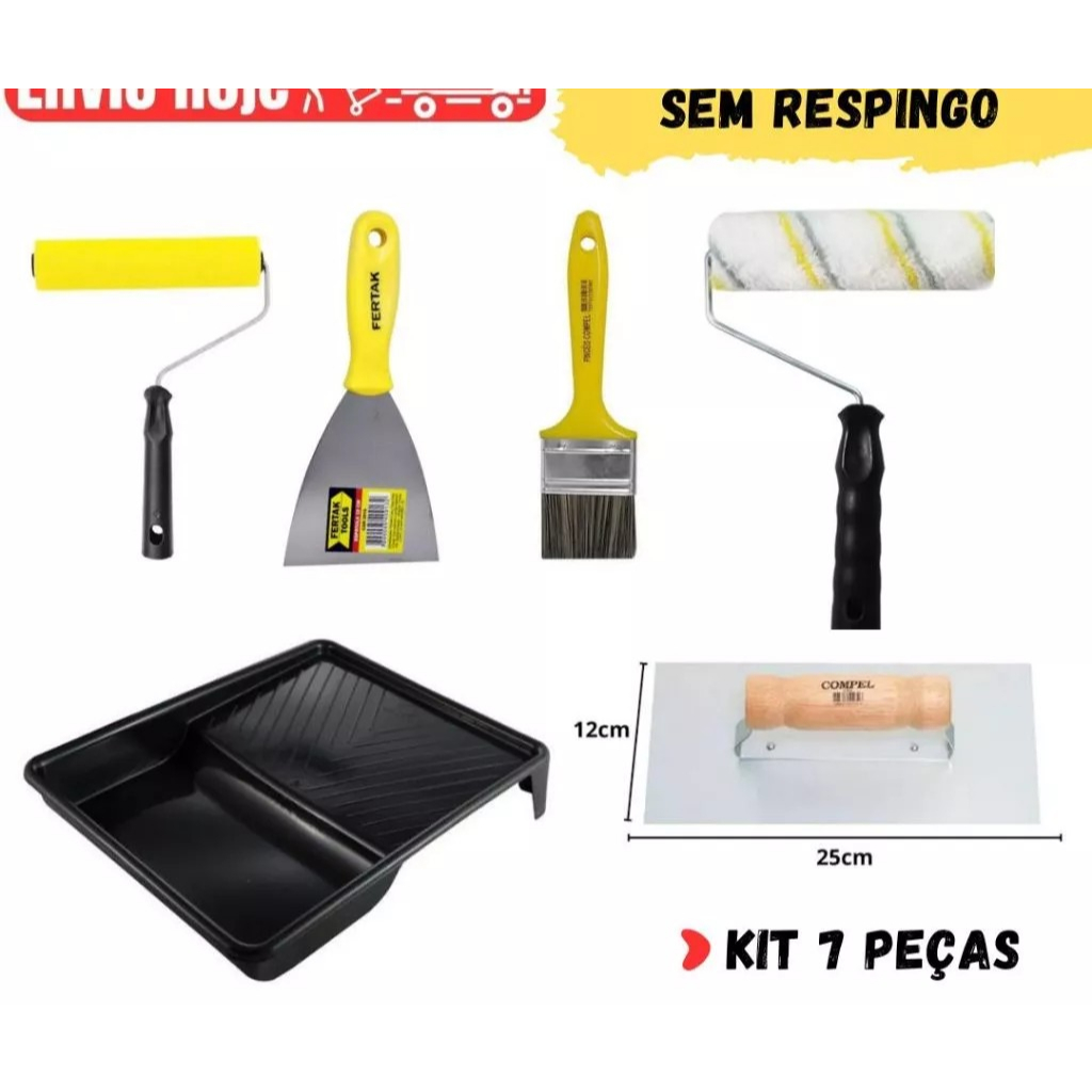 Kit Pintura Parede 7 Pç Profissional.Rolo de Pintura Anti Respingo.Desempenadeira para massa corrida ENVIO JÁ