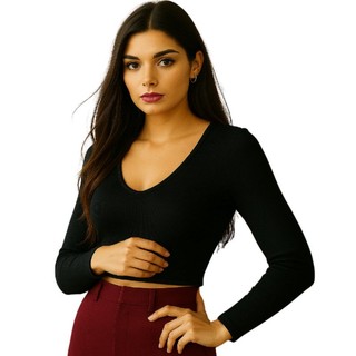Blusa Manga Longa Inverno Feminina Decote V Segunda pele