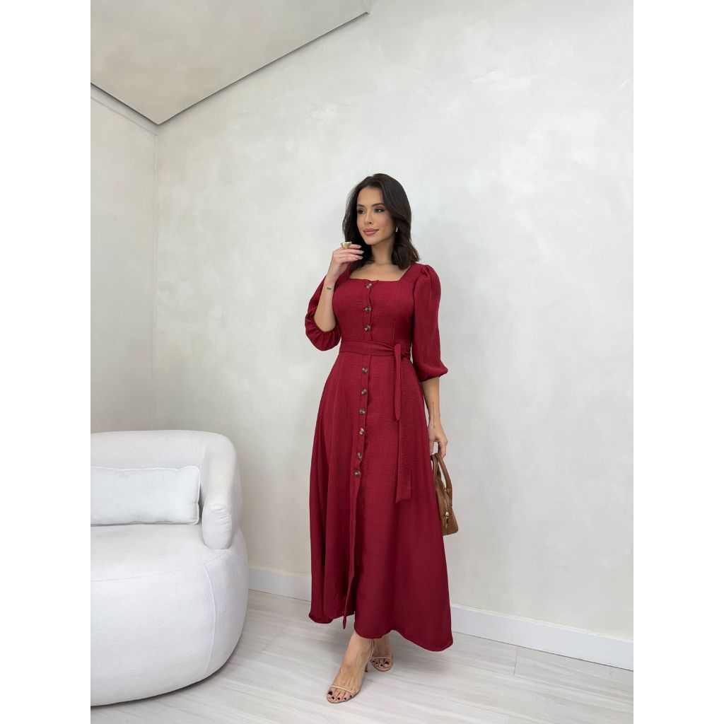 Vestido Mídi Feminino com Botão na frente  funcional com cinto
