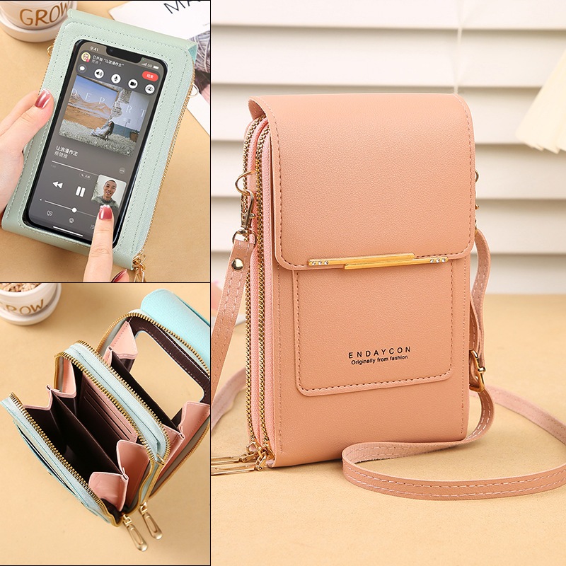 Bolsa transversal feminina para celular com touchscreen, modelo vertical fofo e estiloso, funciona como carteira