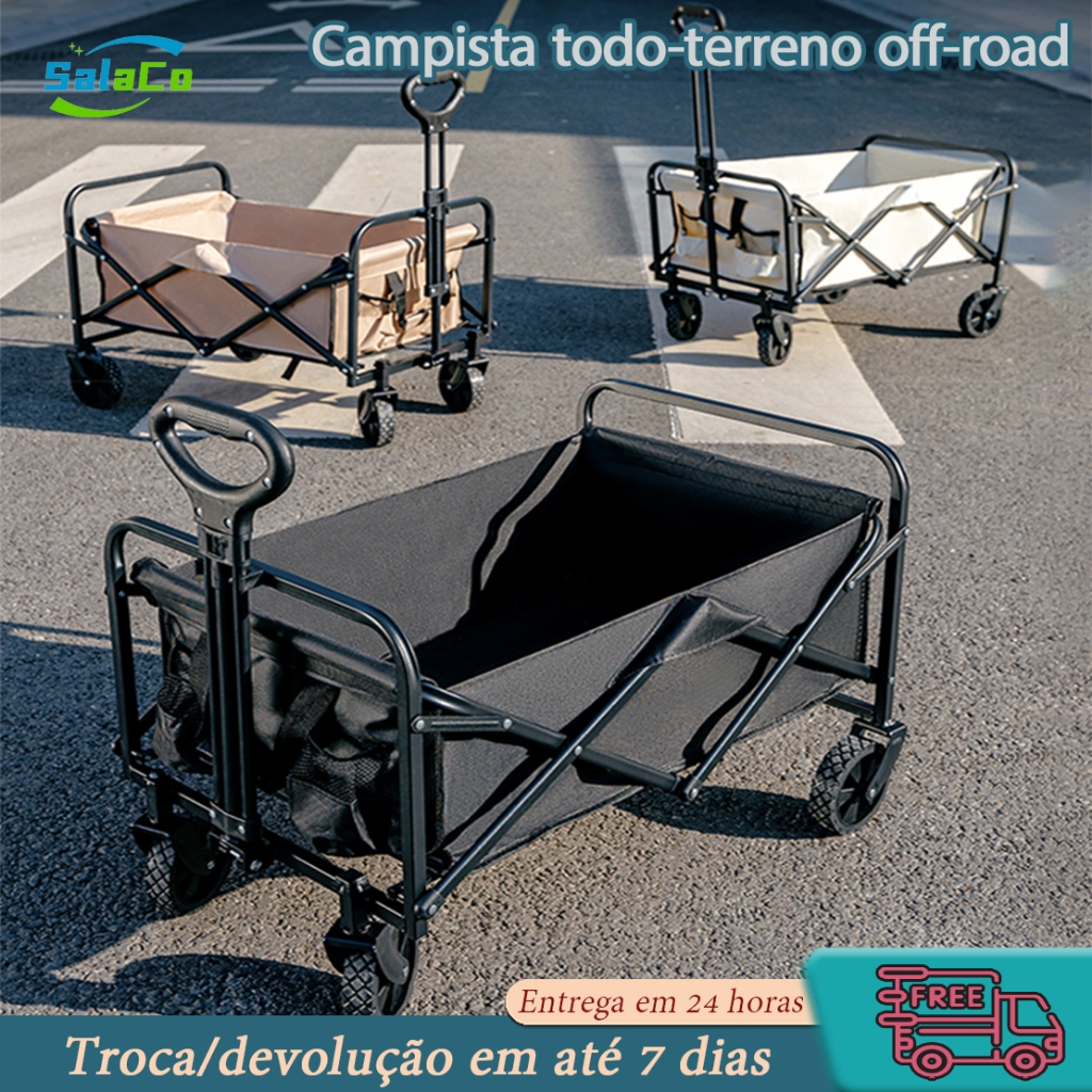 Carrinho de acampamento ao ar livre, trailer de acampamento grande, dobrável, empurrador manual, carrinho de piquenique em Oferta na Shopee