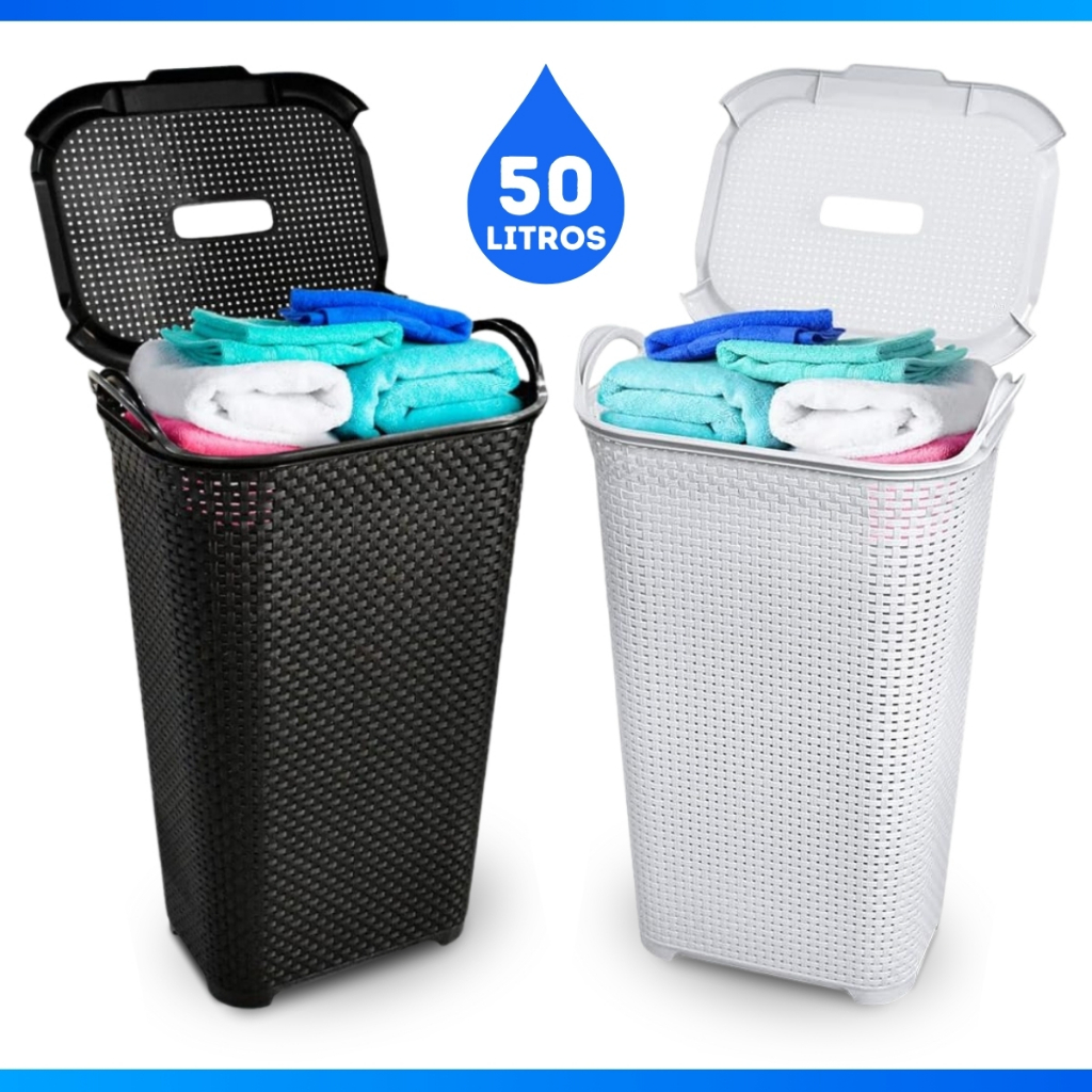 Cesto de Roupas Rattan 50L Com Tampa Basculante Preto Organizador Resistente Para Brinquedos
