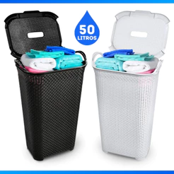 Cesto de Roupas Rattan 50L Com Tampa Basculante Preto Organizador Resistente Para Brinquedos