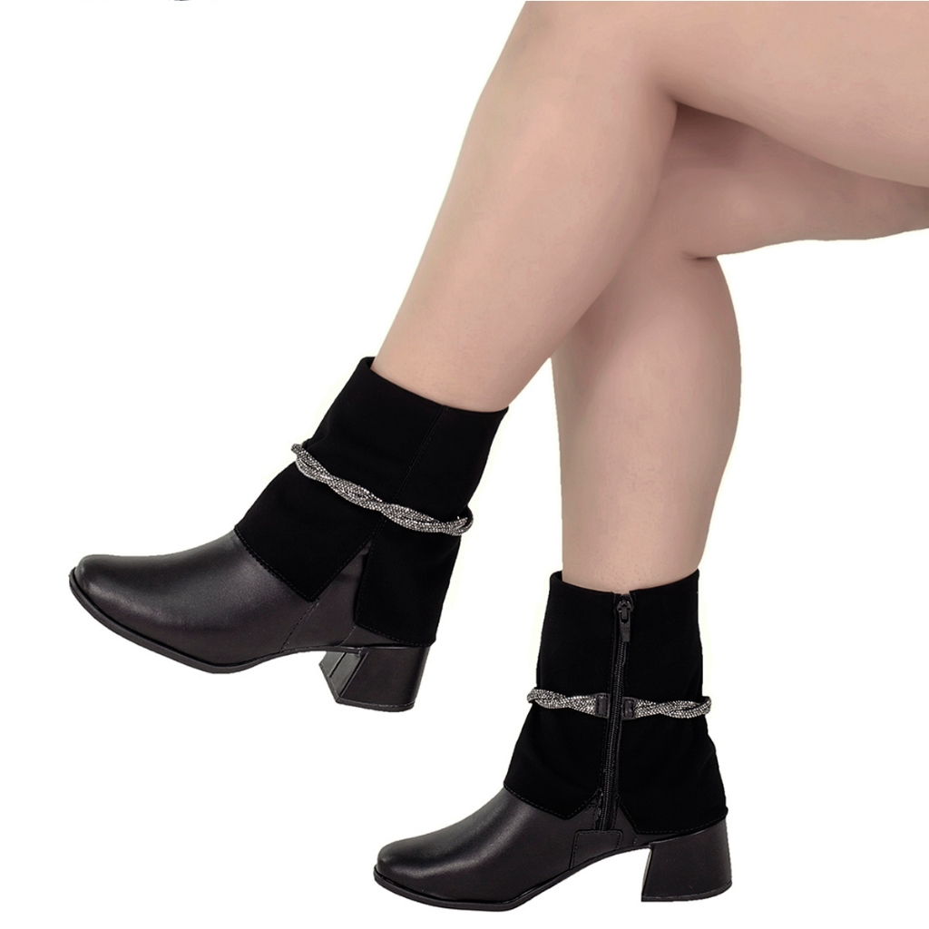 Bota Feminina Salto Grosso Bico Quadrado Cano Médio Shekinah Strass Capa Sobreposta Gola Virada Moda - Women Shoes