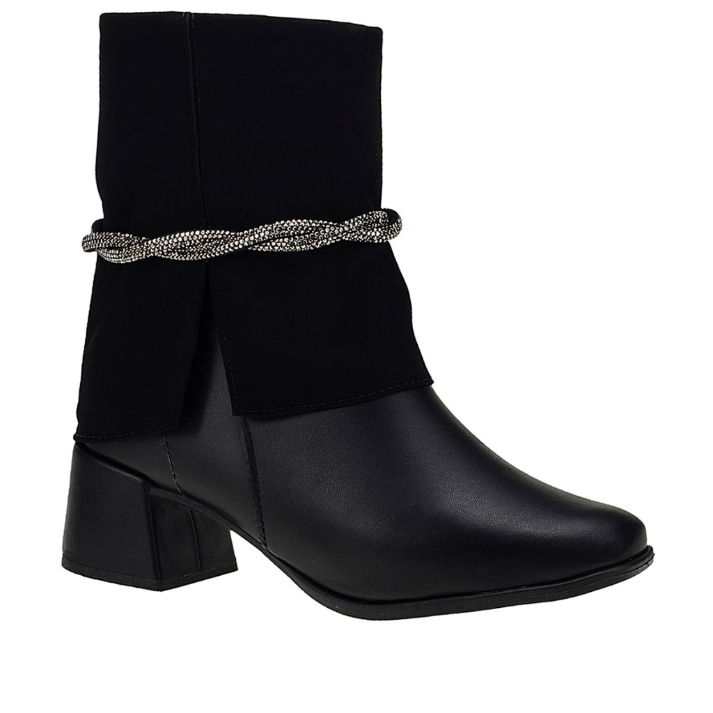 Bota Salto Feminina Bico Quadrado Cano Médio Shekinah Detalhe Strass Ziper Lateral Gola Virada Capa