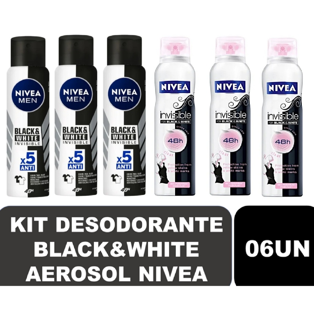 Kit 06un Desodorante Antitranspirante Aerosol Nivea Invisible Black & White 150ml
