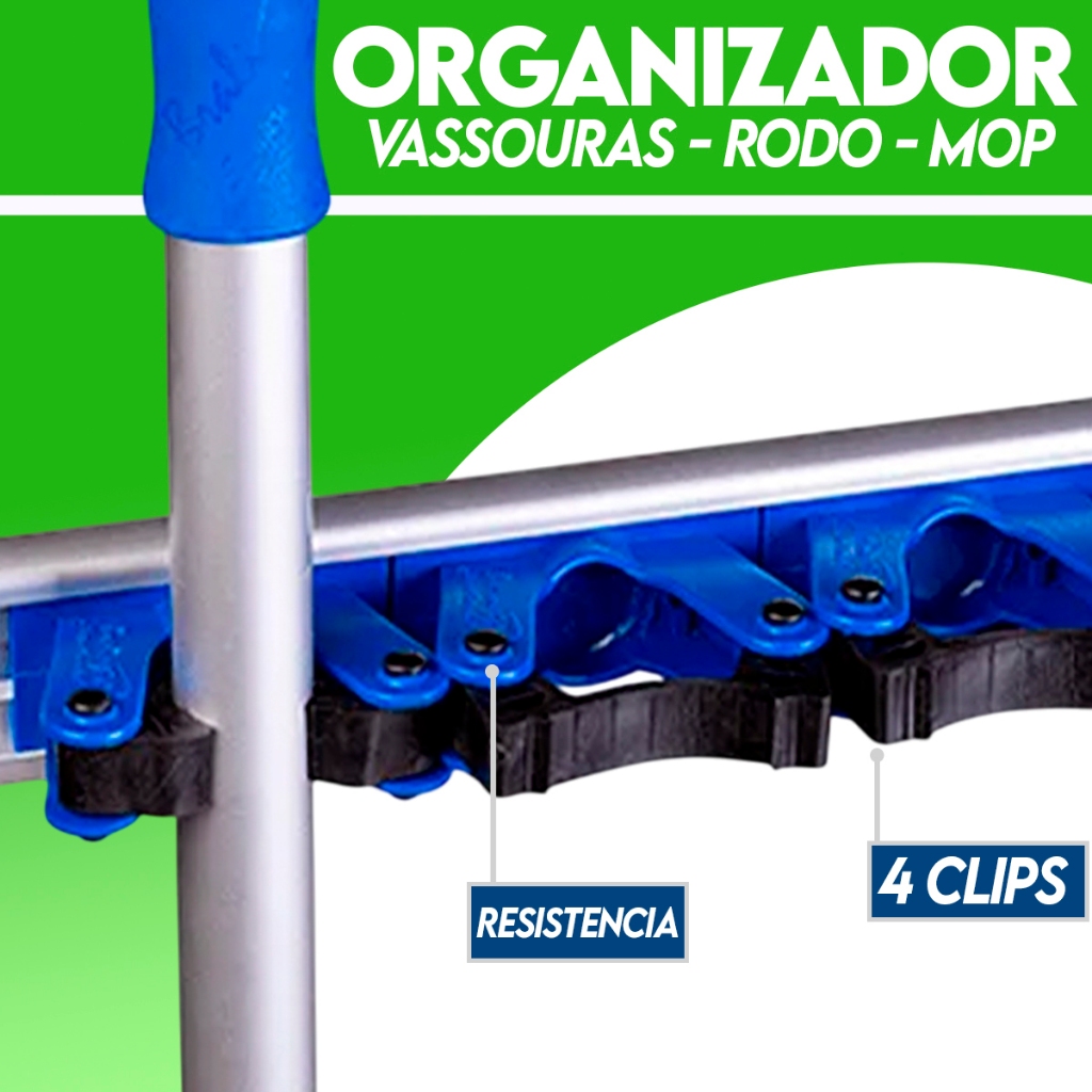 Suporte Vassoura Inox Porta Vassoureiro Parede 4 Clips Bralimpia