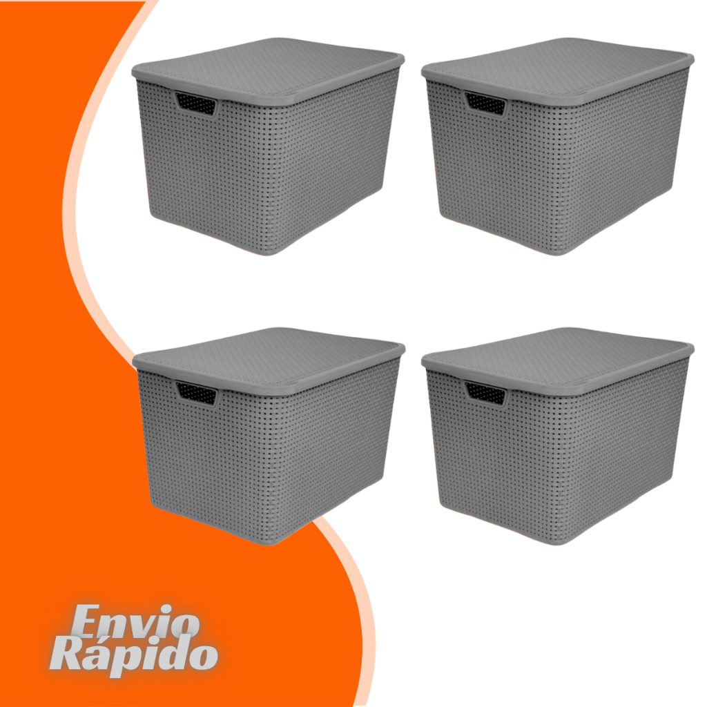 Kit 4 X Caixa Organizadora Rattan 28 Litros Grande Cesto Organizador Multiuso Com Tampa Empilhável Plastico Reforçado