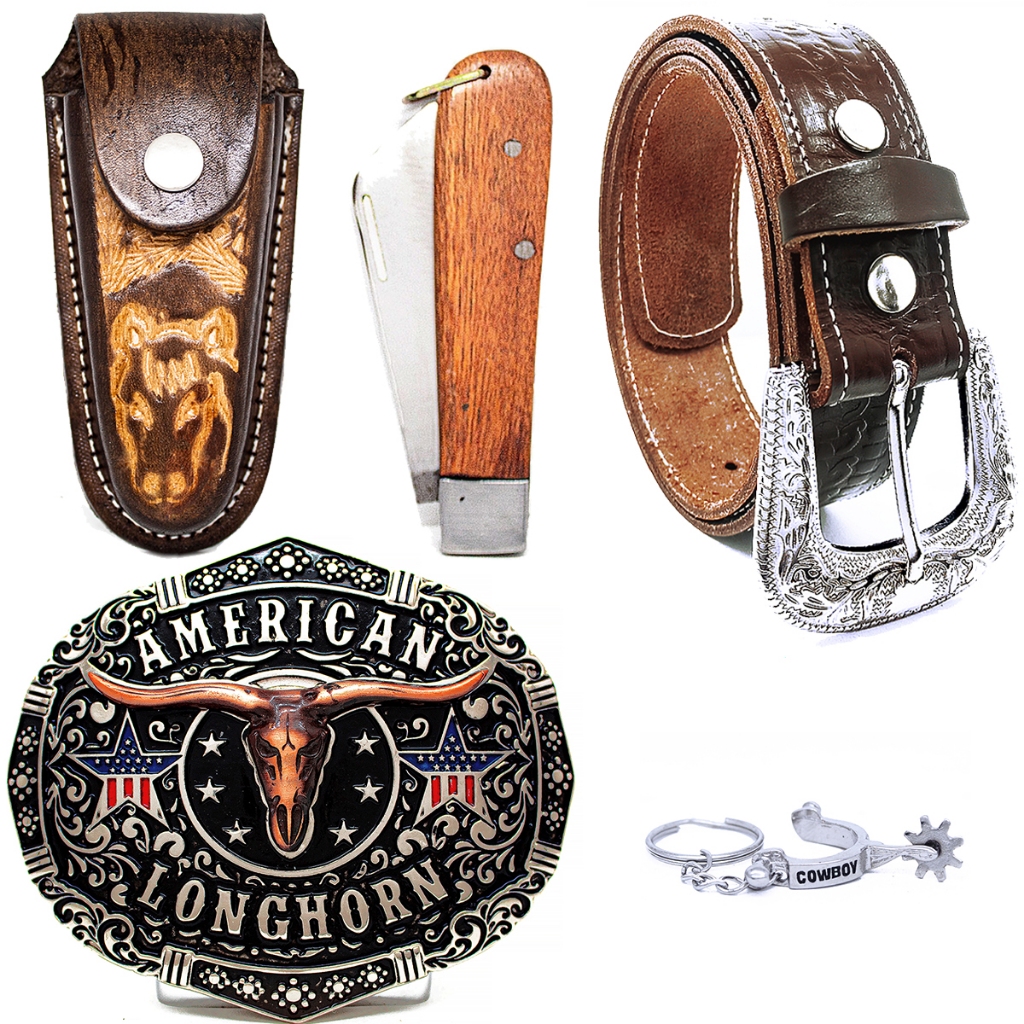 Kit Country Cinto Couro Bainha + Canivete Fivela American Longhorn Chaveiro