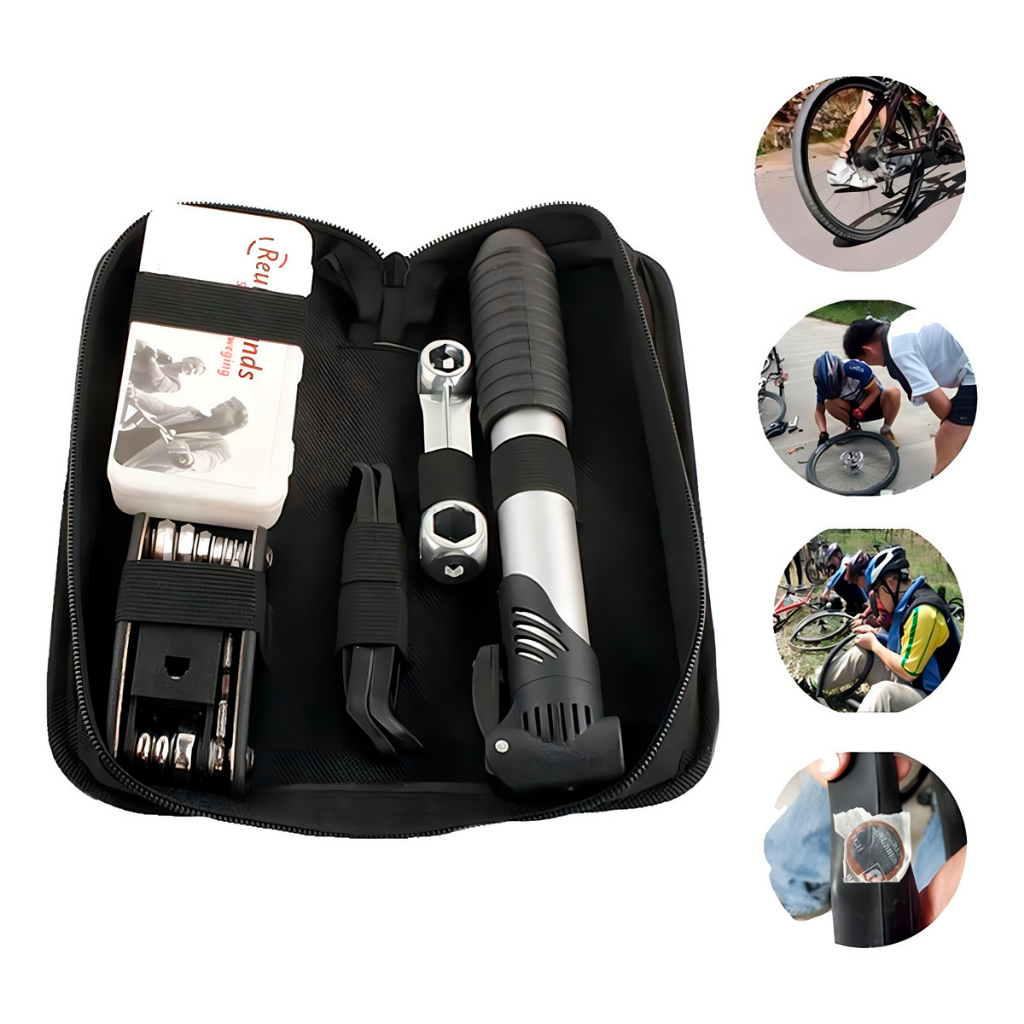 Kit Ferramentas Bicicleta Chaves Bomba De Ar Remendo Pneu