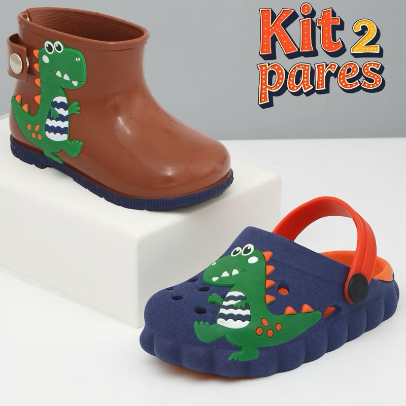 Kit bota galocha e babuche infantil menino masculino dinossauro lançamento em Oferta na Shopee
