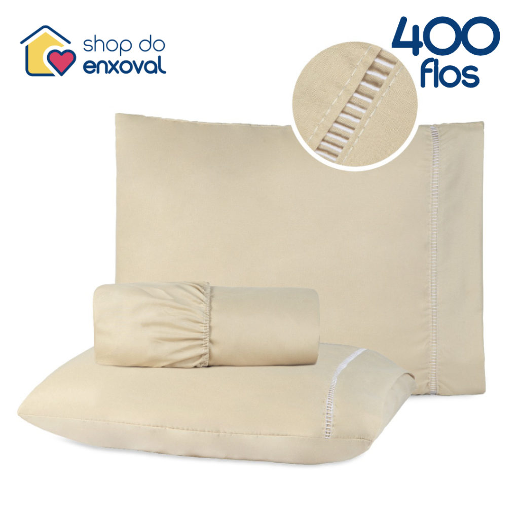 Jogo de Cama Lençol com Elástico e Fronhas Detalhe Ponto Palito Micropercal 400 Fios Solteiro Casal Queen King